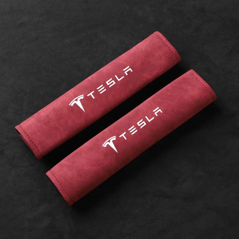 

Car Sticker 2025 New Tesla 2PCS Leather Universal Car Seat Belt Shoulder Cover Pad For Tesla Model 3 Y S X 2021 Roadster Auto St