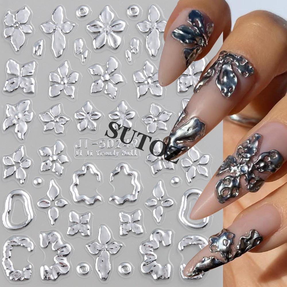 5D Embossed Gold & Silver Floral Nail Stickers with Hollow Circles & Petals