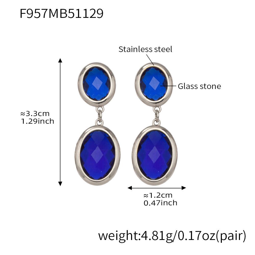 Gold-Plated Stainless Steel Oval Glass Stone Earrings - Elegant Women s Ear Pendants