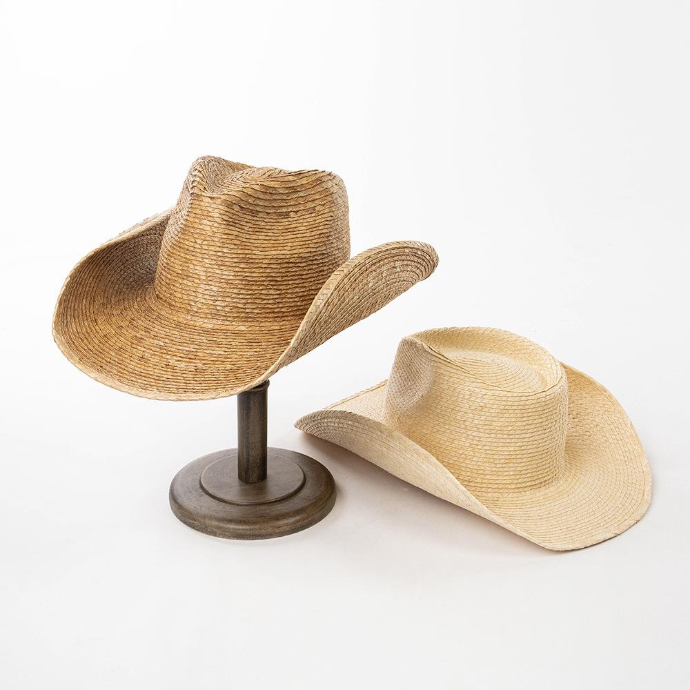 Chapeau de cowboy à feuille de palmier Chapeau de paille de voyage Tressé à la main Grand bord Style décontracté Mode Polyvalent