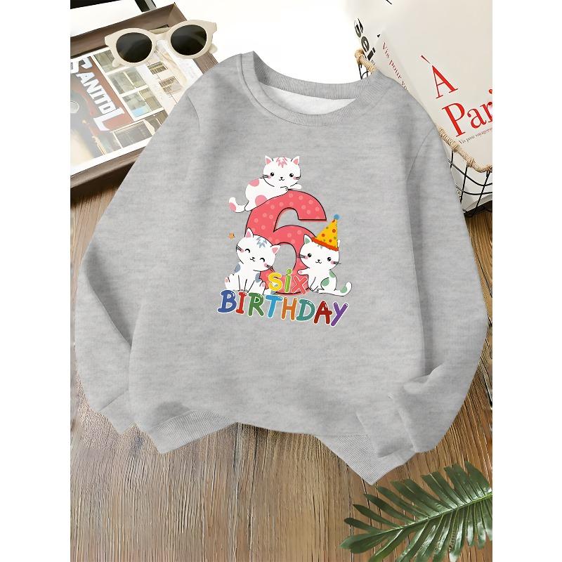 Kids Unisex Crewneck Sweatshirt, Cute White Spotted Cat Number Six Six Birthday Colorful Letter Long Sleeve Pullover For Boys Girls Over 4 Years Old