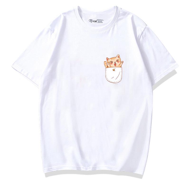 Healing Cute Pocket Cat Shiba Inu Pure Cotton Cartoon Printed Tshirt Summer New Unisexs and Unisexs Casual Loose Short Sleeve