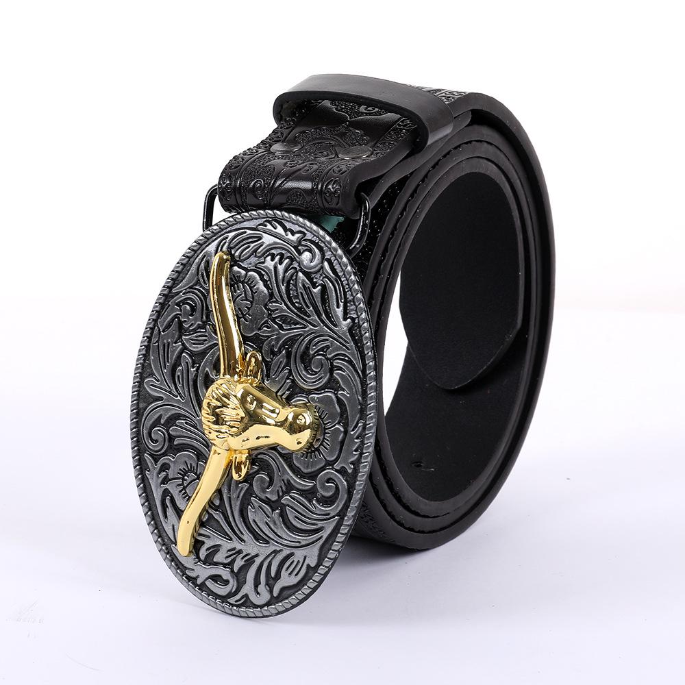 Embossed 3D Hook & Buckle Western Cowboy Style Leather Belt