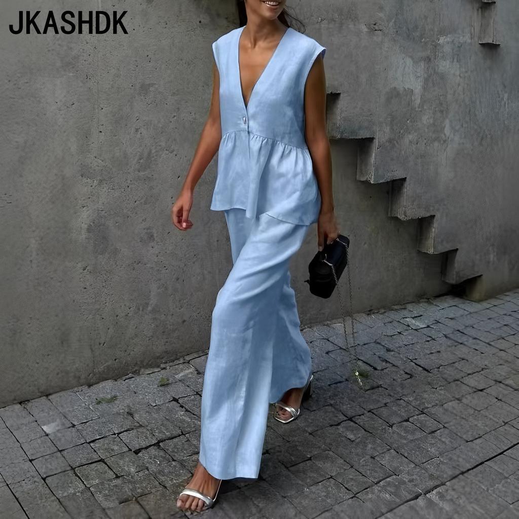 JKASHDK Women's Fashion Casual Summer Spring Solid Color Print Sleeveless V-Neck Trousers Pants Suits