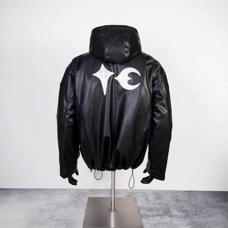 EastRogue American Retro PU Leather Star and Moon Patch Embroidery Zipper Jacket