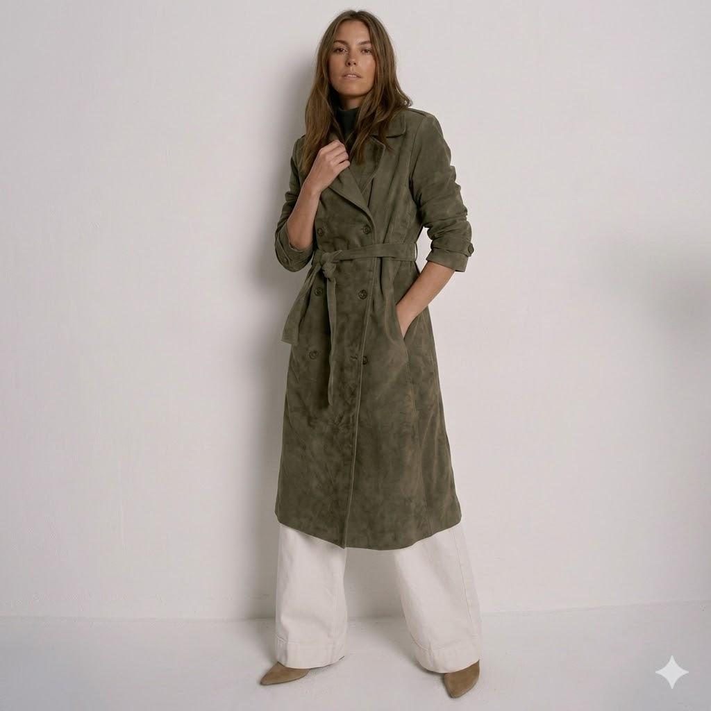 Stylish Women's Trench Coat Soft Fit Green Suede Real Lambskin Leather Handmade