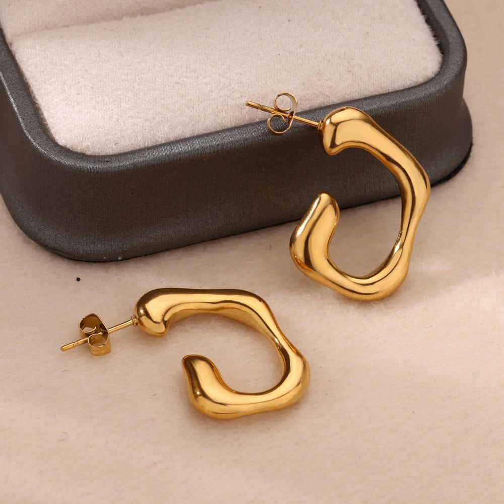 Irregular C Shaped Cute Stainless Steel Stud Earrings For Women Gold Color Wedding Aesthetic Irregular Texture Earring Jewelry