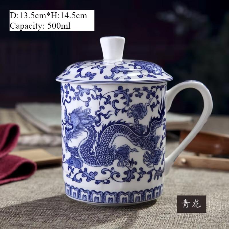 

Кружка из сине-белого фарфора Jingdezhen 500 мл Китайский дракон Керамическая чашка Офисная встреча Кружка для воды Костяной фарфор Кружка для зеленого чая и кофе