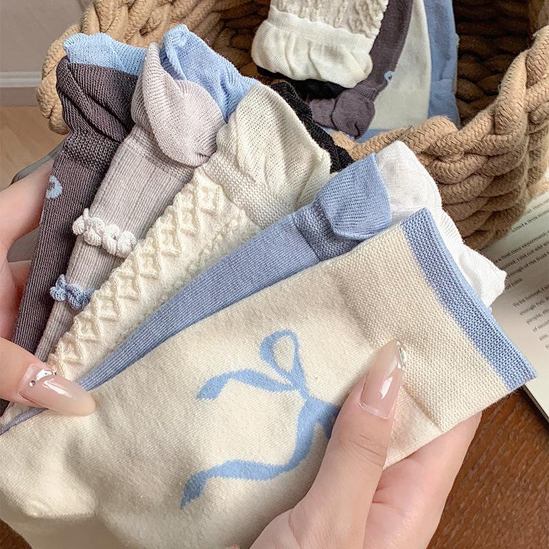 Bow Bubble Mouth Lolita Socks Style Spring And Autumn Mid-Tube Socks Lace Pile Socks