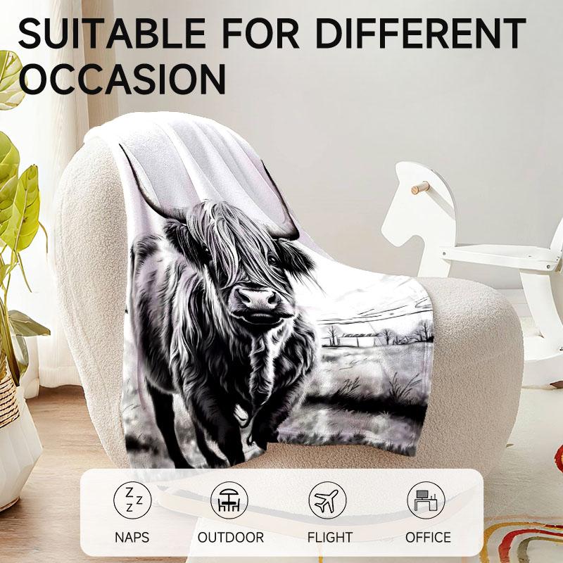 1 Piece Black And White Highland Cow Flannel Blanket, Soft, Suitable For Sofa, Bed, Office, All-Season Use.60X80