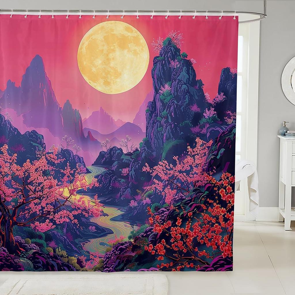 Japanese Samurai Bath Curtain Boys Girls  Landscape Shower Curtain for Kids Women Men Waterproof Sunset Bathroom Shower Curtain
