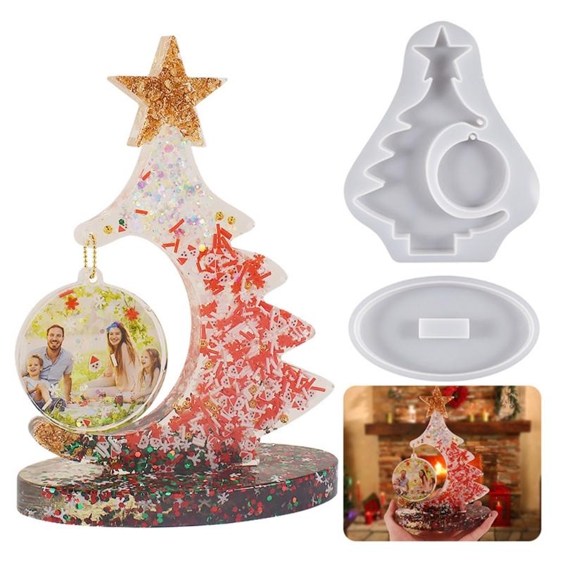 Crystal Epoxy Resin Christmas Tree Picture Frame Set Silicone Mold with Support Base for Resin Crafts Making Supplies
