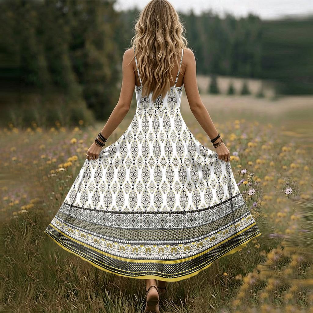 Women Sleeveless Maxi Dress Summer V Neck Long Casual Bohemian Style Spaghetti Strap Printed Sundress with Flared Hem