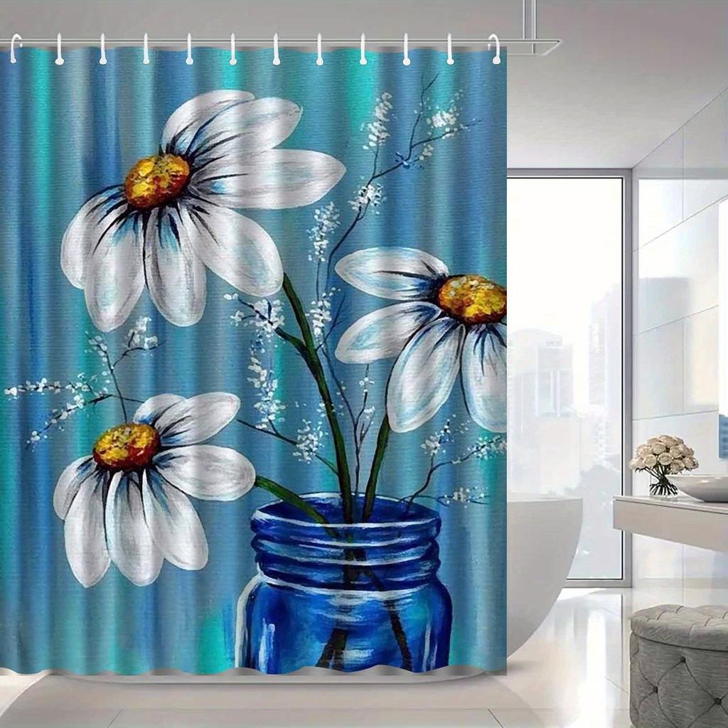 Blue Daisy Oil Painting Shower Curtain - Polyester, 12 Hooks, Machine Washable, Artistic Floral Design for Elegant Bathrooms