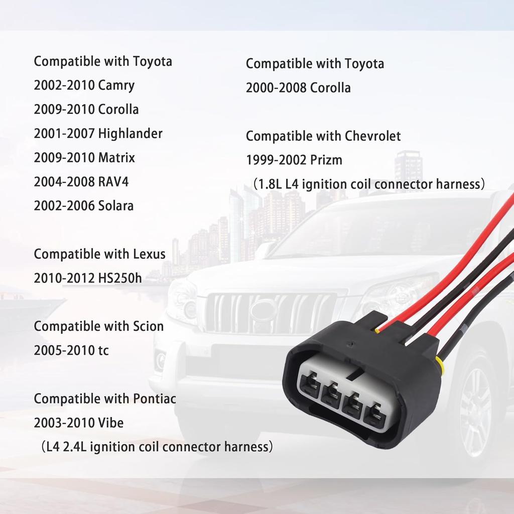 4PCS Ignition Coil Connector - Standard 4 Ports Ignition Coil Wire - Compatible with L4 2.4L Toyota Camry Lexus Scion Pontiac Ignition Coil Pack
