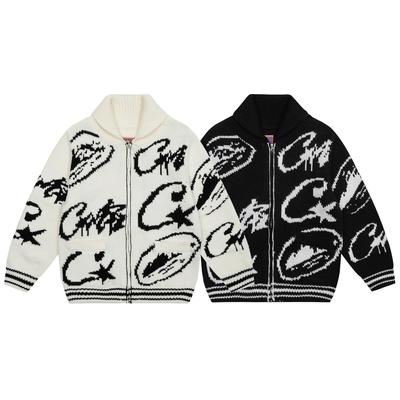 Corteiz Alcatraz Heavyweight Chunky Knit Zipper Cardigan Sweater - Trendy Autumn/Winter Street Hip Hop Style.