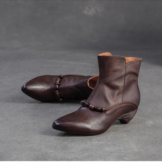 Johnature Genuine Leather Pointed Toe Ankle Boots Fashionable Versatile Mid Heeled Women's Shoes