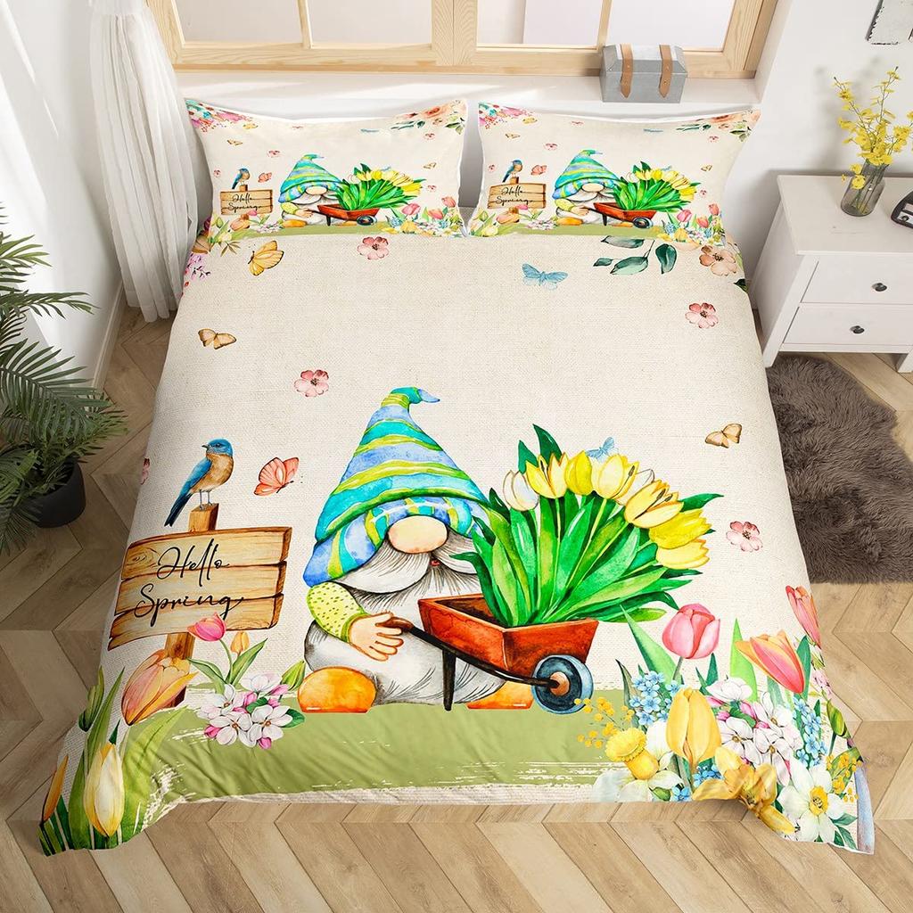 Purple Lavender Dwarf Duvet Cover King Queen Kawaii Cartoon Gnome Bedding Set Spring Flowers Comforter Cover Floral Quilt Cover