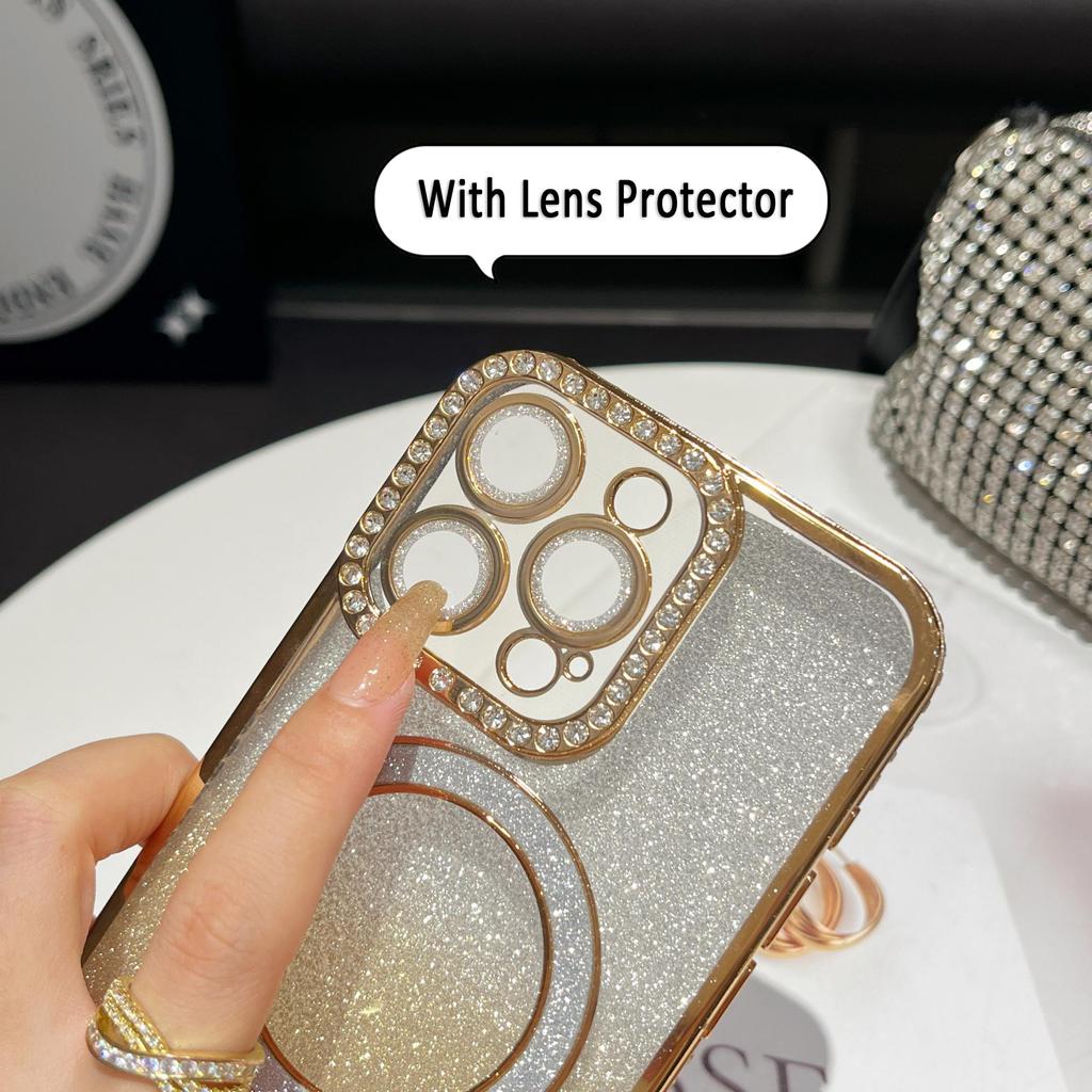 Plating Glitter Bling Diamond Camera Lens Protector Bumper Phone Case For iPhone 17 Air 16 15 14 Pro Max Samsung S25 S24 S23 Magnetic Protective Cover