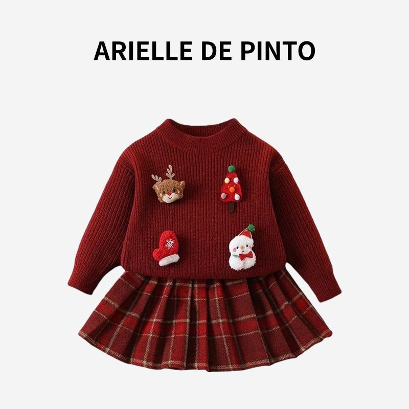 French Arielle De Pinto Girls  Suit Autumn and Winter Style Cute Cartoon Christmas Sweater Plaid Skirt Red Christmas Set 90