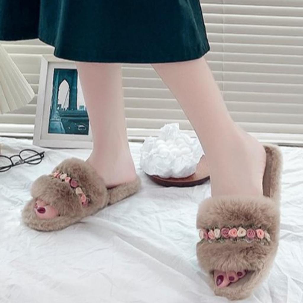 Florale Plüschpantoffeln für Damen Bequeme Pantoletten Flach Indoor - Sandalen Hausschuhe