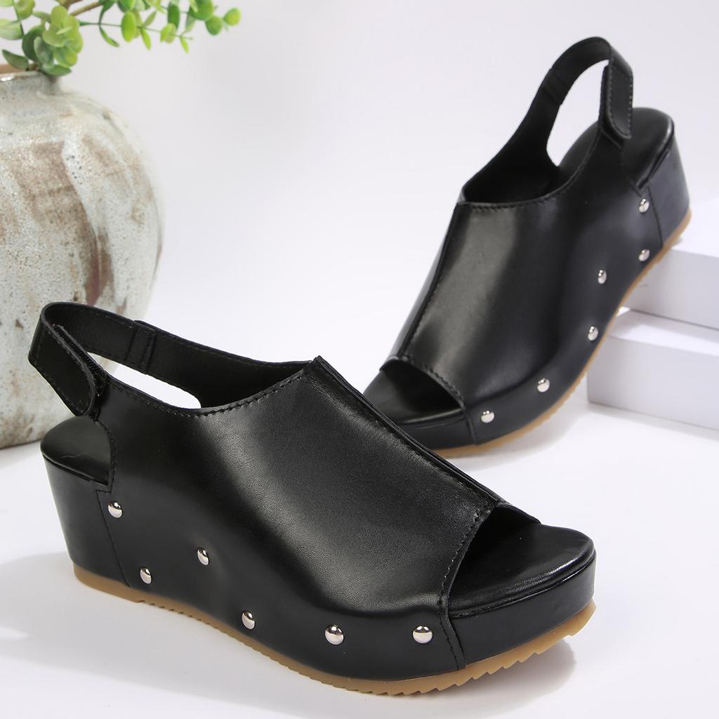 22 Summer New European and American Thick-soled Heightened Wedge Sandals Large Size Rivets Fish Mouth Open-toed Shoes