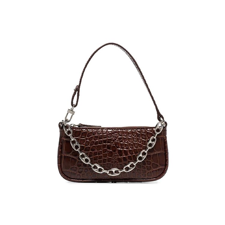 

By Far Mini Rachel Series Leather Vintage Crocodile Pattern Chain Baguette Shoulder Bag Women Bags Hazelnut 20CRMIRANEDSMA Basic Set (Bag+Dust Bag)