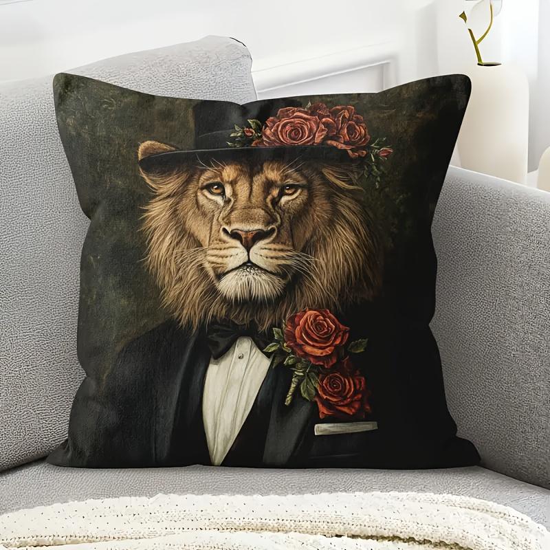 1pc Pillowcase, Elegant Lion Gentleman Pillowcase, Soft And Smooth Texture Polyester Short Plush Fabric, Single-Sided Printed Pattern, 45Cm X 45Cm, wi