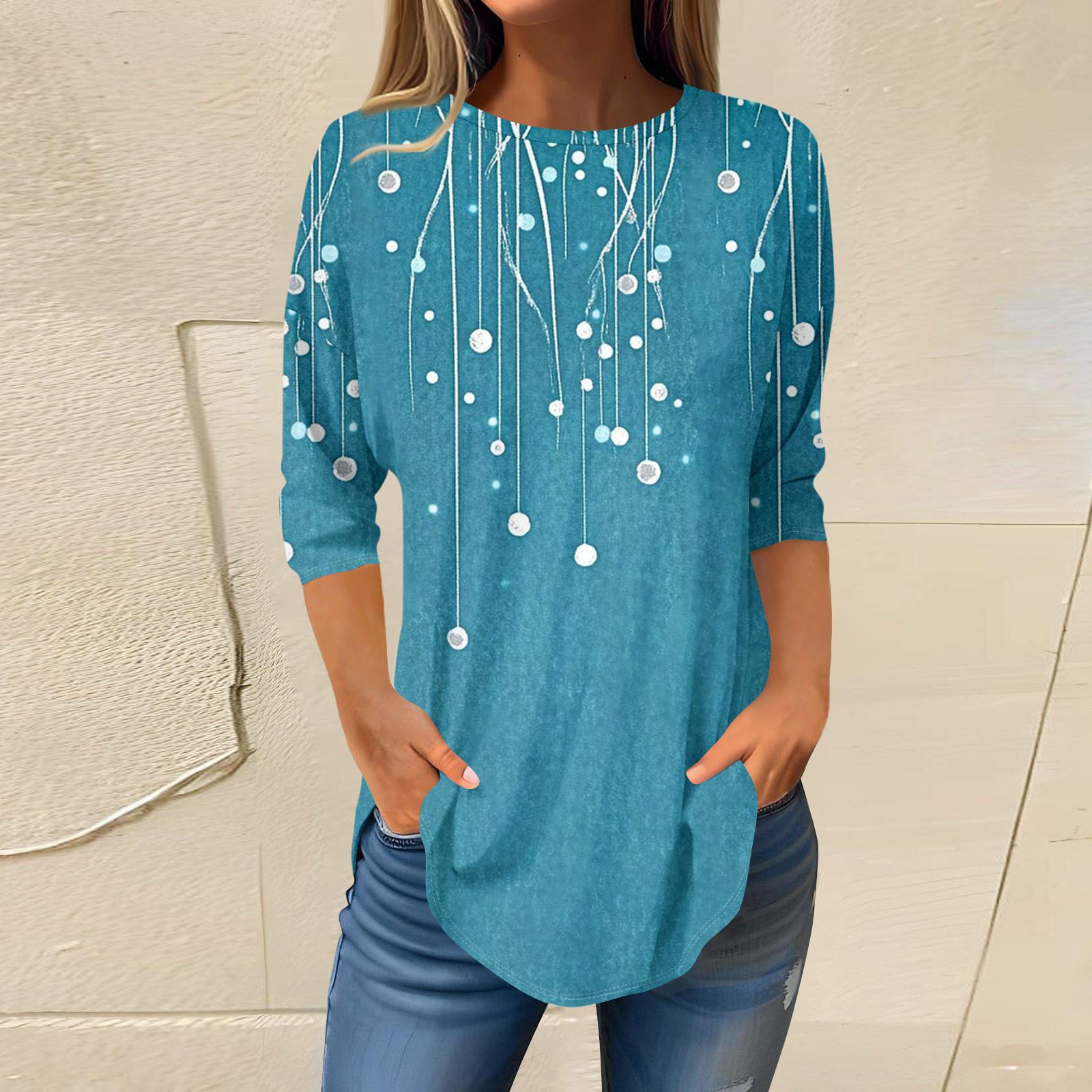 

Женская мода повседневная футболка с круглым вырезом и принтом в стиле ретро, семь рукавов, пуловер M синий