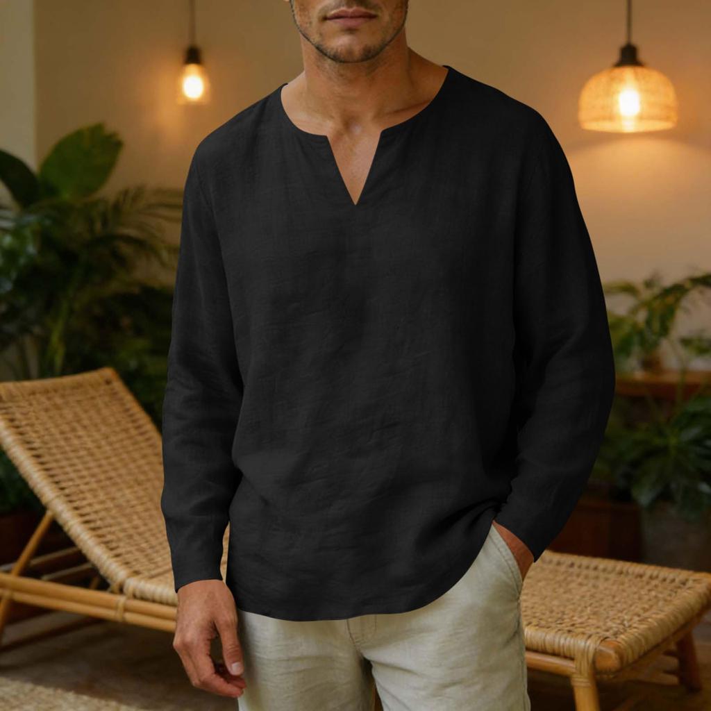 Men's Linen V-Neck T-Shirt Loose Fit Casual Summer Top