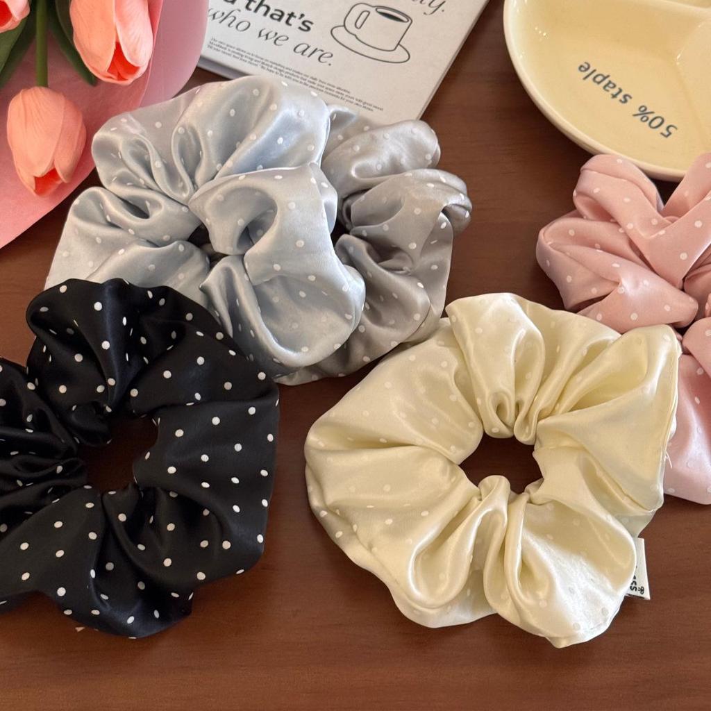 Korean Satin Polka Dot Scrunchie Hair Tie for Women and Girls.