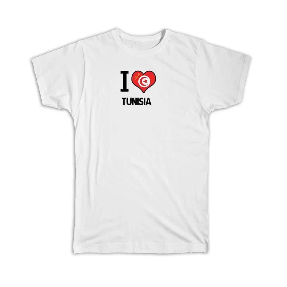 Gift T-Shirt : I Love Tunisia Flag Heart Country Crest Tunisian Expat 4XL