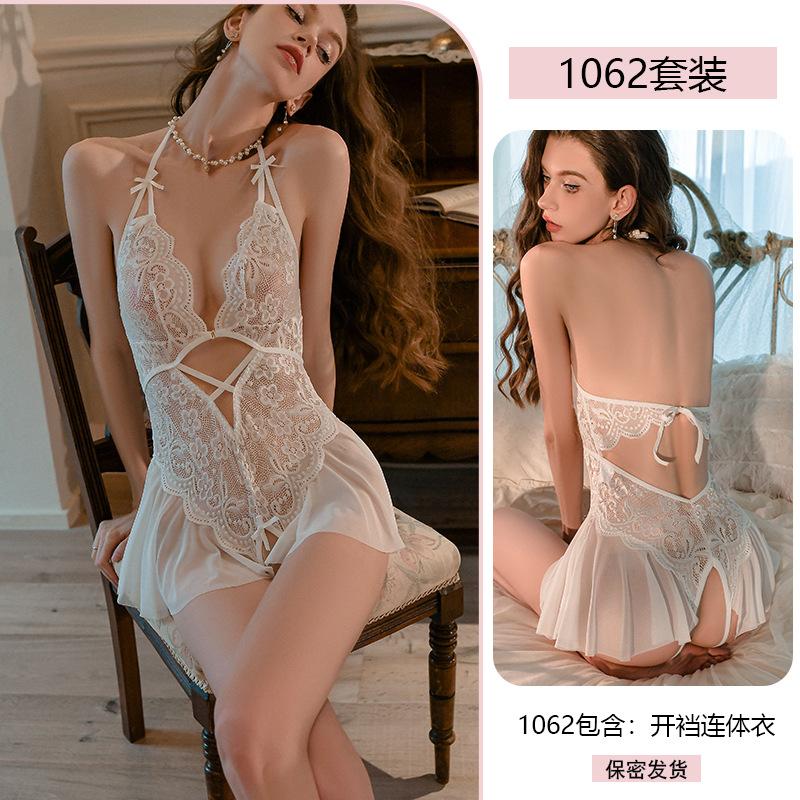 Sexy lingerie sexy lace neck seduction onesie women's crotch uniform free pajama set
