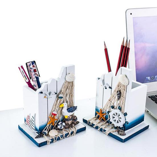 Maritimer Holz-Stifthalter Handgefertigt Mediterranes Thema Make-up-Pinsel-Organizer Ozeanstrand Stiftebehälter für Zuhause Büro