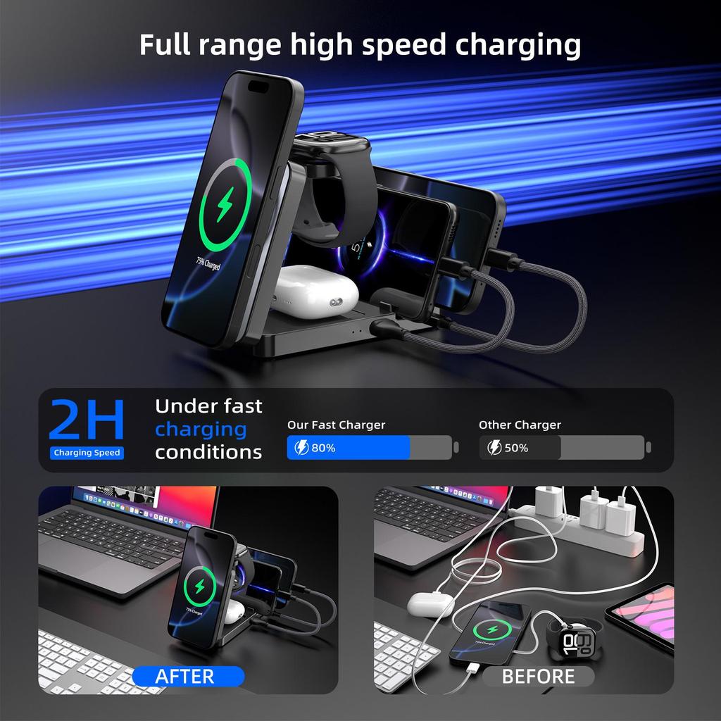 Magnetic Wireless Charger Stand for Phone, Watch & Earbuds - All-in-One Fast Charging Dock