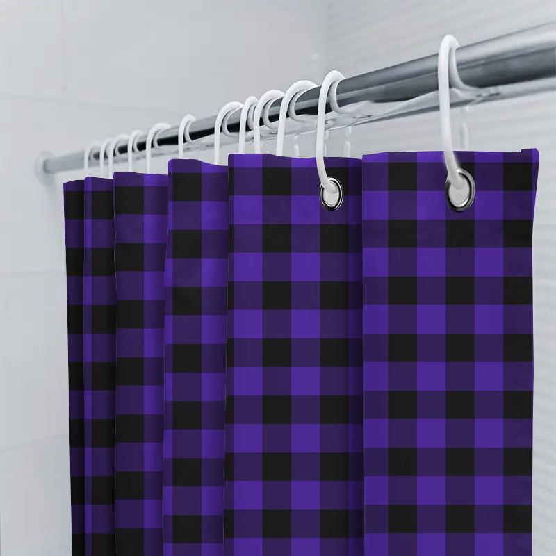 Modern Plaid Shower Curtain Waterproof Home Decor Purple Black Checkered Bath Rug Design Easy Install Shower Drapes for Bathroom