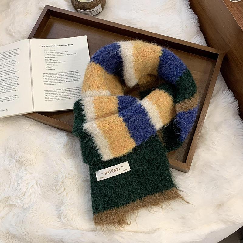 

Wool knitted scarf women s winter new high-end imitation wool student scarf warm striped shawl