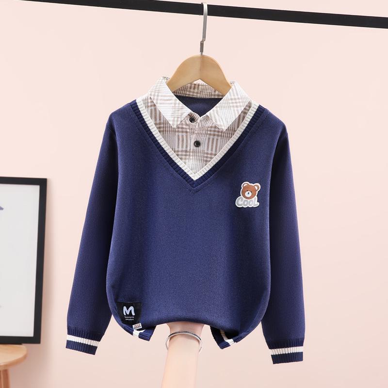 

Boys Long Sleeve Sweatshirt – Spring/Autumn Style, Fake Two-Piece Shirt Collar, Corduroy Top for Kids 120cm
