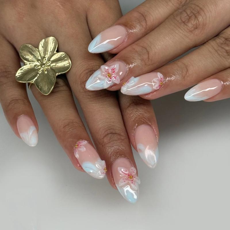 Simple and fresh 3D three-dimensional flower wearing nail art nail piece short almond hot-selling wearable fake nail