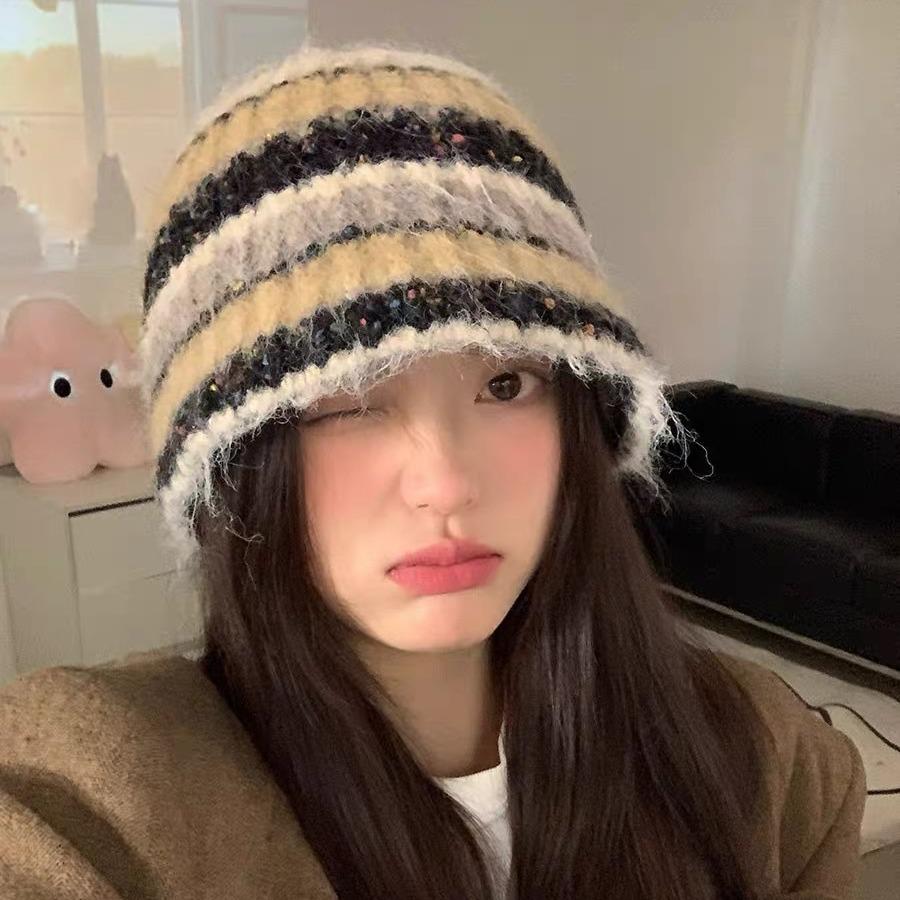 Autumn And Winter Color Matching Striped Handmade Knitted Hat Female Korean Version Showing Face Small Ear Protection Bucket Hat Versatile Warm