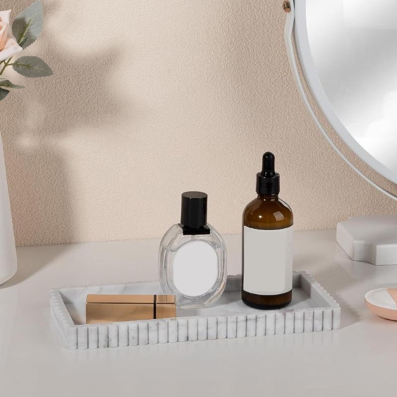 Sink-Side Tray for Bathroom or Kitchen Counter, Freestanding Catchall with Raised Scalloped Border for Soap and Bottles