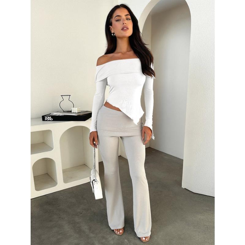 Women's Spring and Autumn Sexy Straight Neck Off-the-shoulder Long-sleeved Top, T-shirt Base Layer