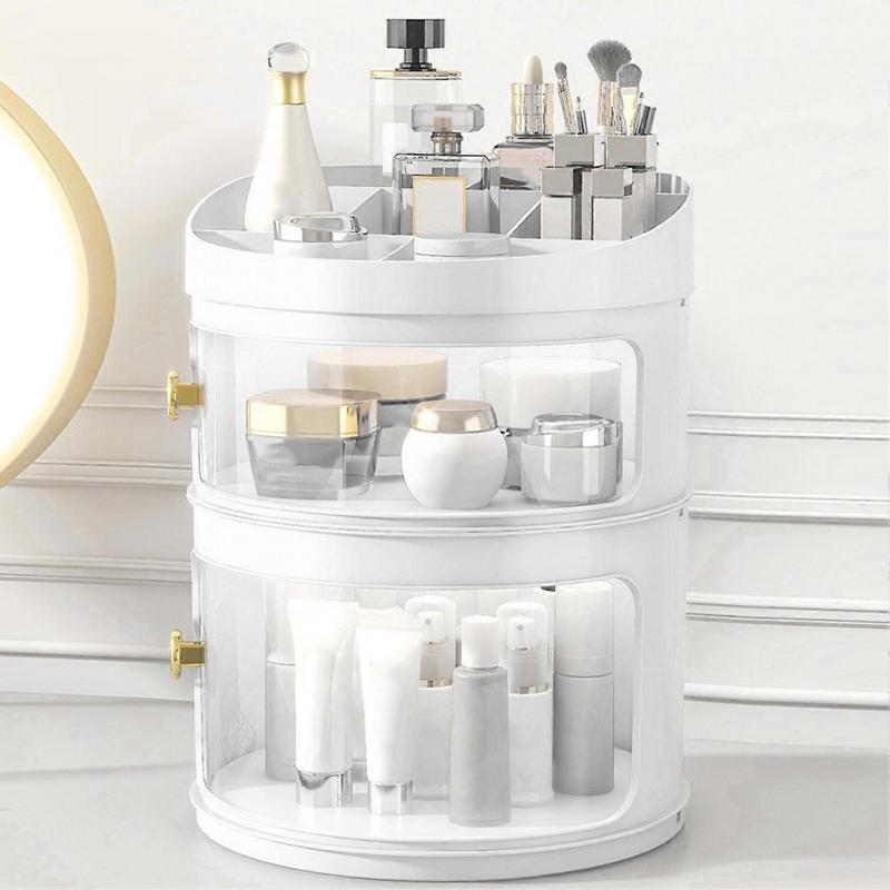Makeup Perfume Organizer Transparent Dustproof Cosmetic Display Case Round Desktop Makeup Box with Lid Large Capacity Muti Layer White