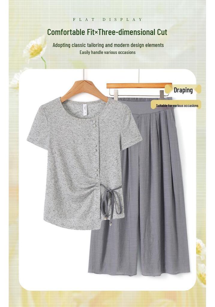 2026 Summer Plus Size Loose 2-Piece Set: Stylish Short Sleeve Top for Middle-Aged & Elderly Women