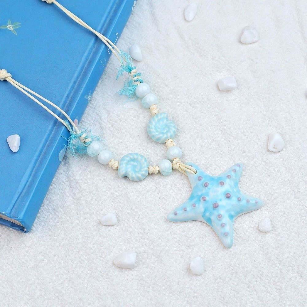 Contrast Color Blue Starfish Collarbone Chain Beads Exquisite Neck Pendant  Seaside Versatile