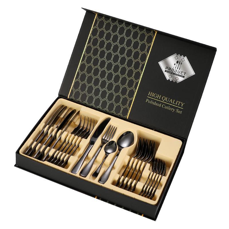 Nerezová 24dílná sada příborů: Dárková krabička s nožem, vidličkou a lžící