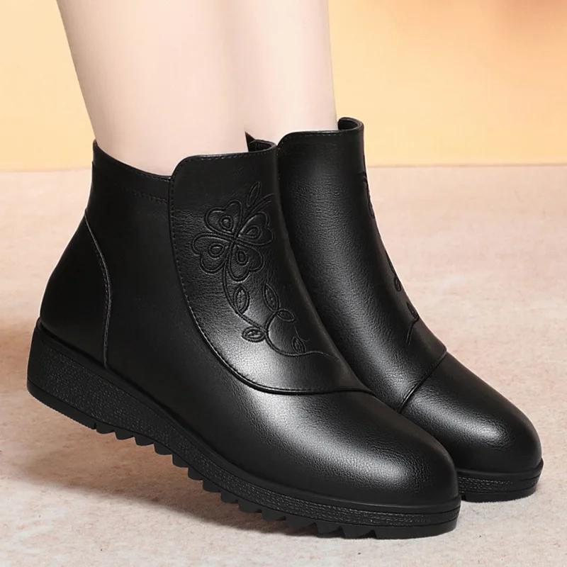 3.5 Fashion Med Heels Wedges Shoes Women Snow Boots Winter 2025 Floral Print Soft Leather Warm Fur Ankle Boots for Office Mom