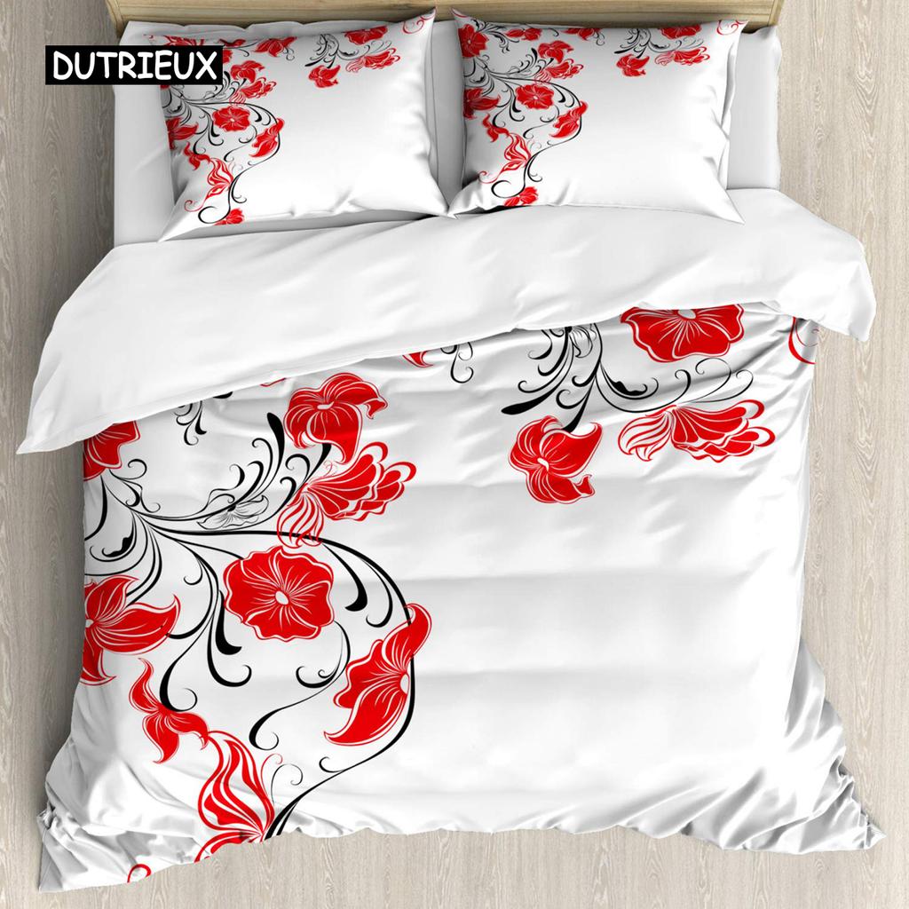 Japanese Duvet Cover Set Simplistic Cherry Blossom Tree Botanic Themed Pattern Fresh Organic Lines Bedding Set for Kids Girls