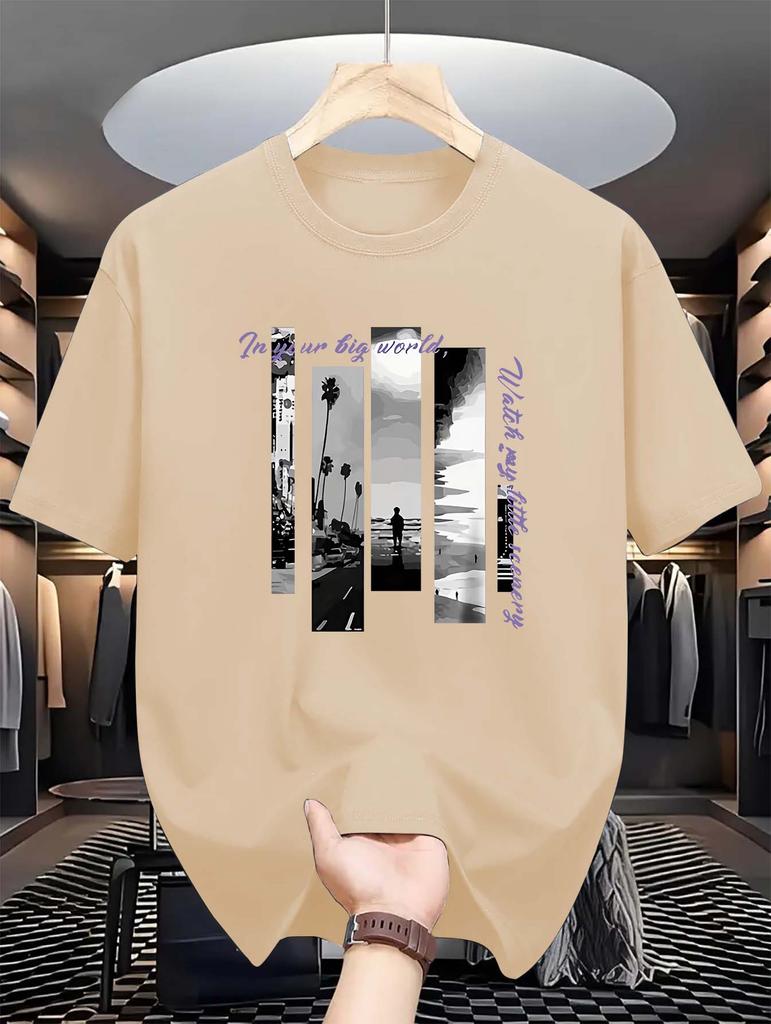 Summer Fashionable  Crew Neck T-Shirt - Men's Casual Short-Sleeve Tee with Seaside Letter Print, Slight Stretch, 180gsm