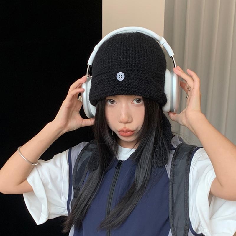 Winter Warm Knit Hat for Women Girl Button EarFlap Beanie Hat Outdoor Activity Scarf Cap Windproof Headwear Pullover Hat